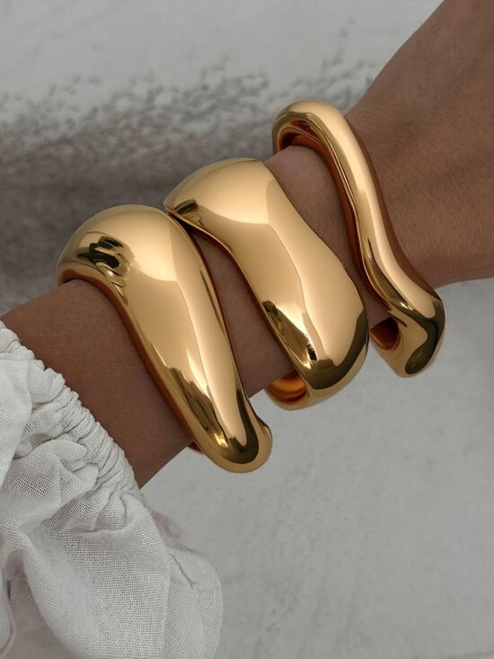 Chunky Gold Bangle Bracelets for Women, 14k Gold Plated Dainty Cuff Stackable Ba - Picture 8 of 8